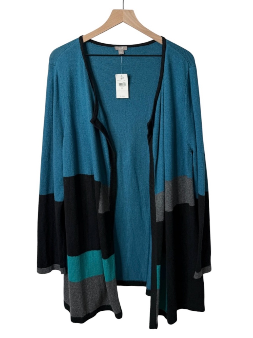 NWT J. Jill Colorblock Open Front Cardigan Sweater Blue Black Grey Size XL